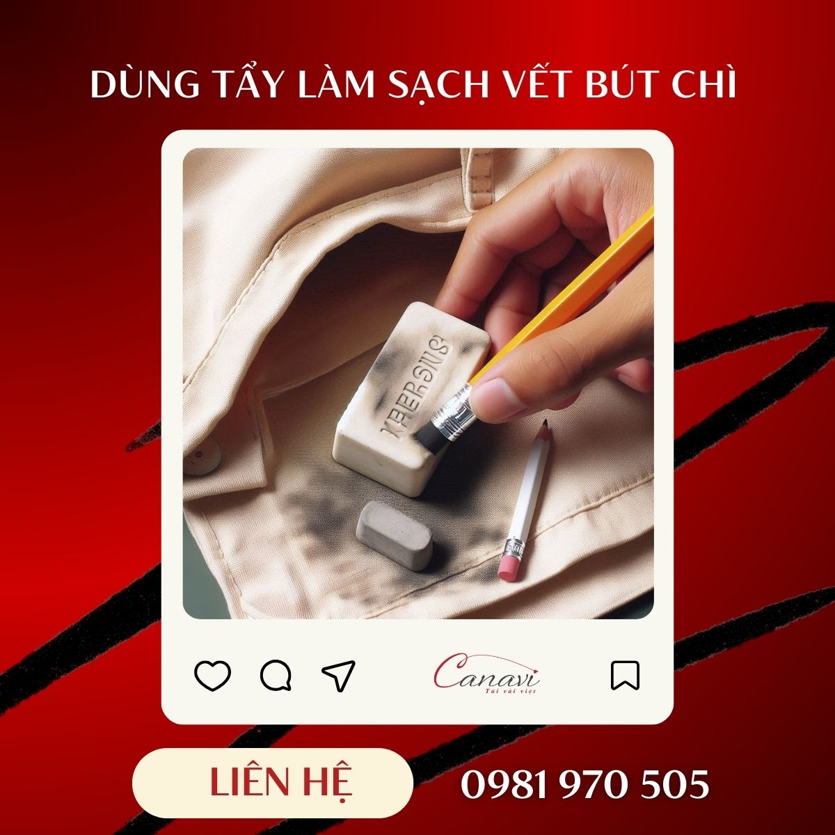 Dùng tẩy (gôm) làm sạch vết bút mực, bút chì trên túi vải 
