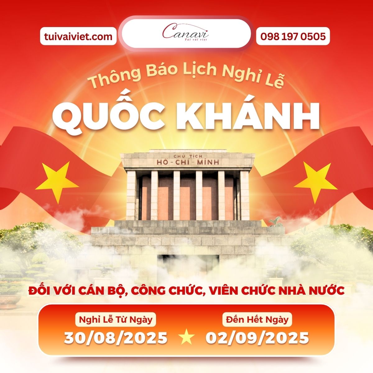 Thông báo lịch nghỉ lễ Quốc khánh 2/9 năm 2025 viên chức nhà nước