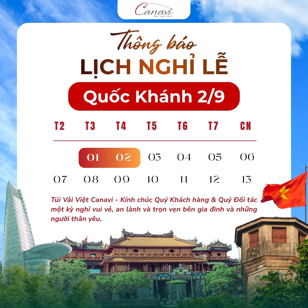 Túi Vải Việt Canavi thông báo nghỉ lễ Quốc Khánh 2 tháng 9 