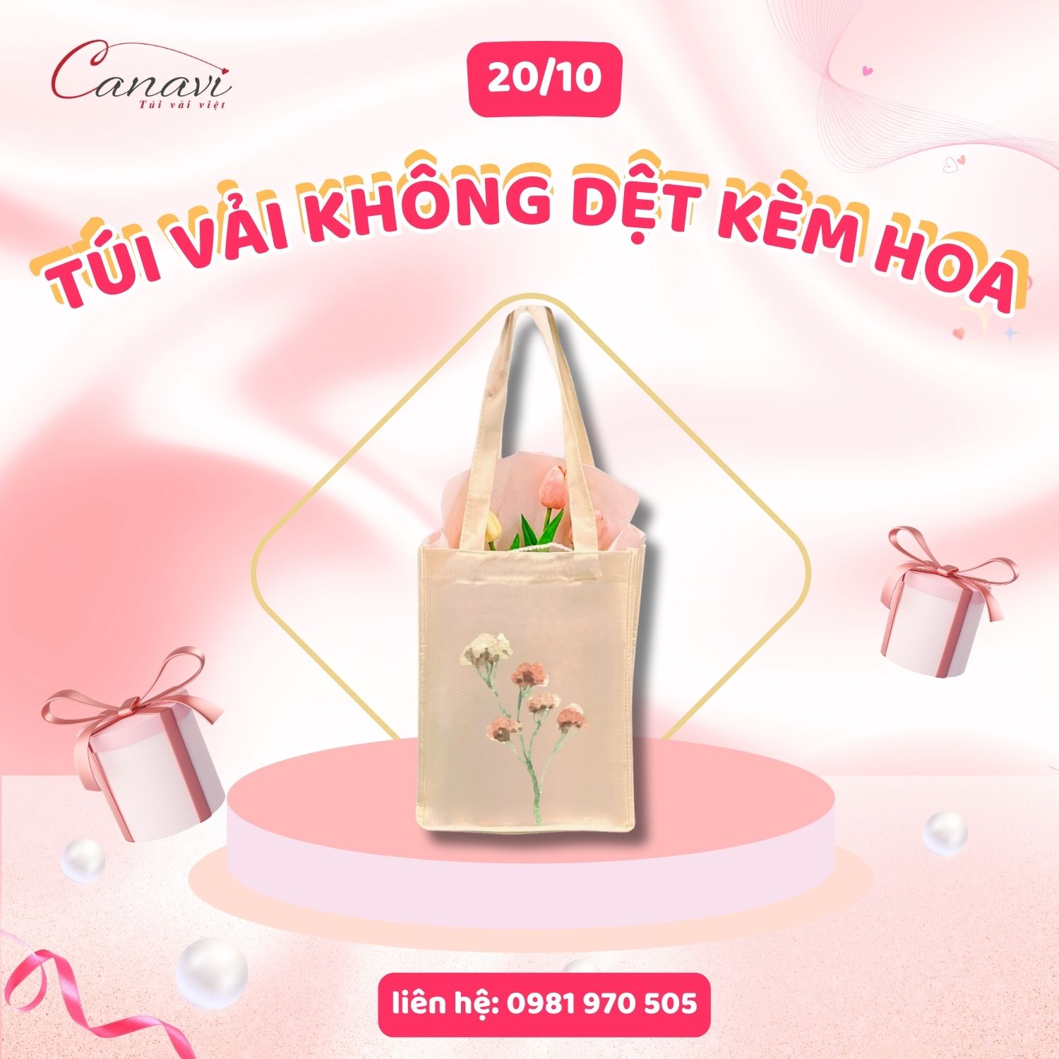 Túi vải không dệt kèm hoa