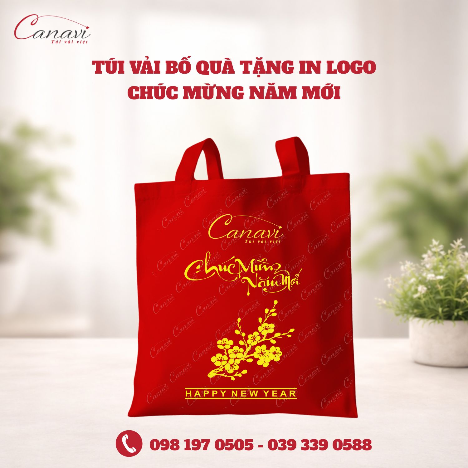 Túi vải bố quà tặng in logo chúc mừng năm mới