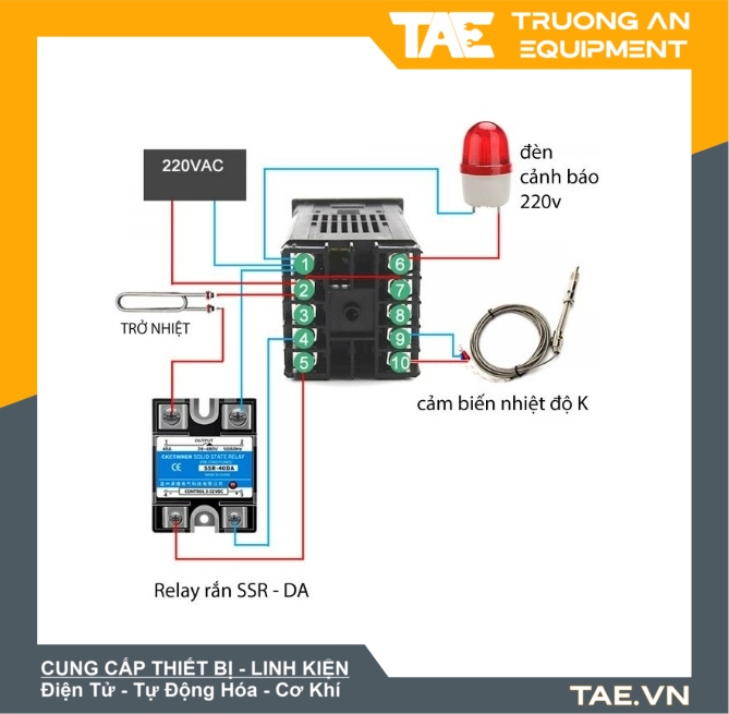 Sơ đồ đấu dây Combo Khống Chế Nhiệt Độ 400 độ REX-C100 + SSR 40DA