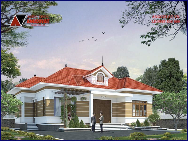 Phối cảnh view 1: Thiết kế mẫu nhà nông thôn 1 tầng kích thước 15x12m