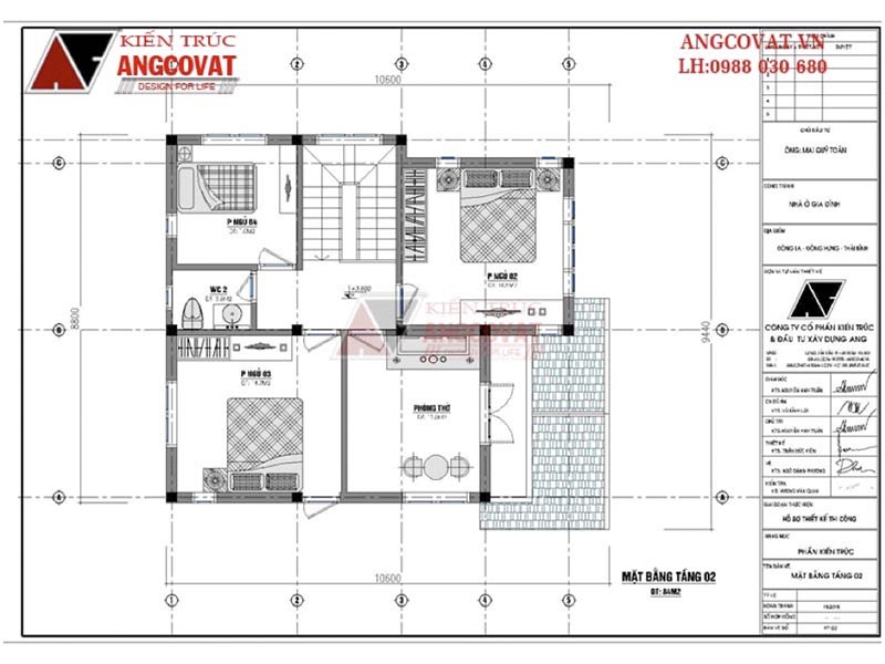Mặt bằng tầng 2: Thiết kế biệt thự mini 2 tầng 80m2 mái dốc xinh đẹp có 3 phòng ngủ