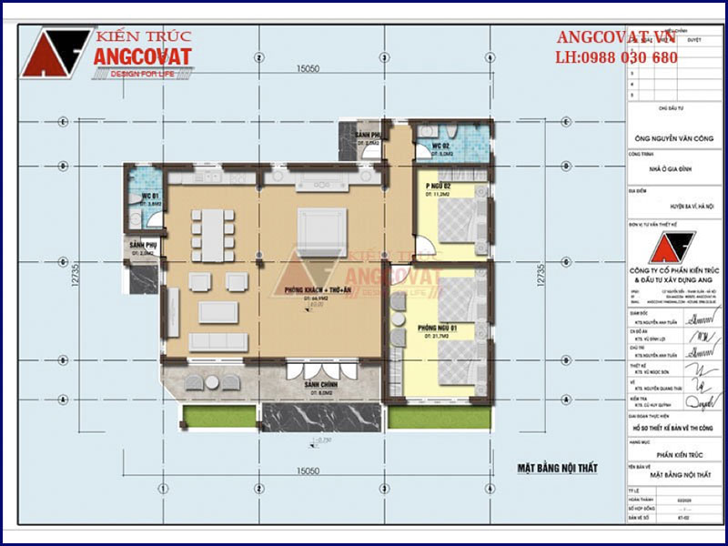 Mặt bằng nội thất: Thiết kế mẫu nhà nông thôn 1 tầng kích thước 15x12m
