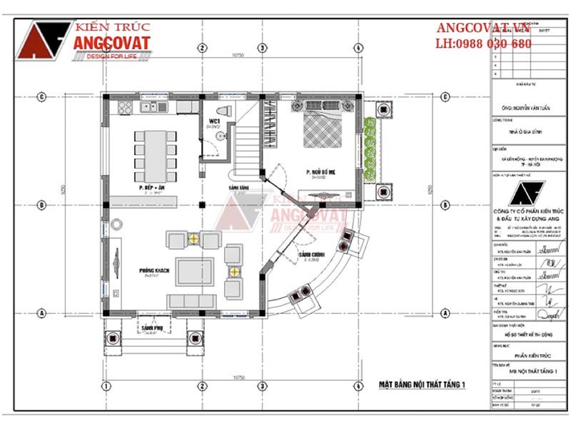Mặt bằng tầng 1: Biệt thự mini 2 tầng 1 tum tân cổ điển hoa mỹ kích thước 10x12m