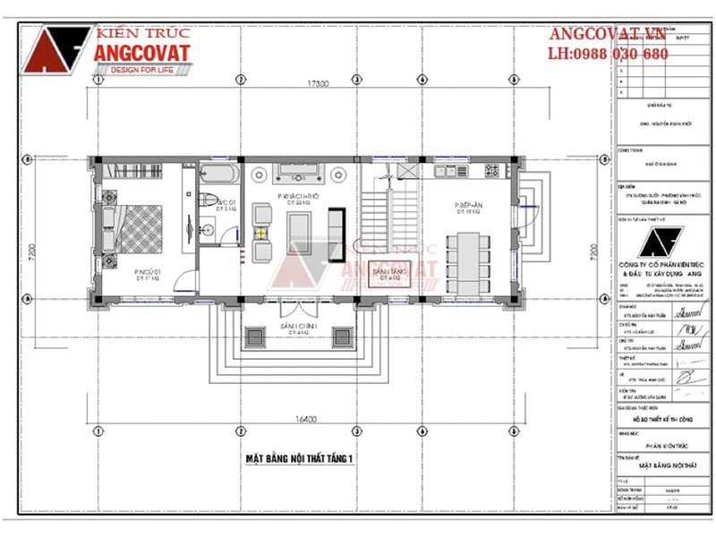 Mặt bằng tầng 1: Biệt thự mini 2 tầng tân cổ điển mặt tiền 17m mái ngói đỏ tươi