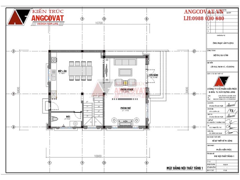 Mặt bằng tầng 1: Biệt thự mini 2 tầng tân cổ điển diện tích 90m2 có 3 phòng ngủ