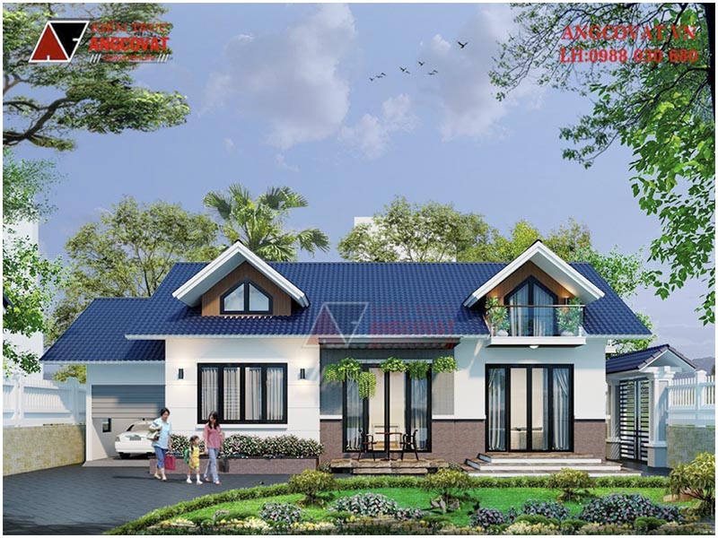 Phối cảnh: thiết kế nhà 1 tầng có gác lửng xinh đẹp, tươi sáng diện tích 100m2