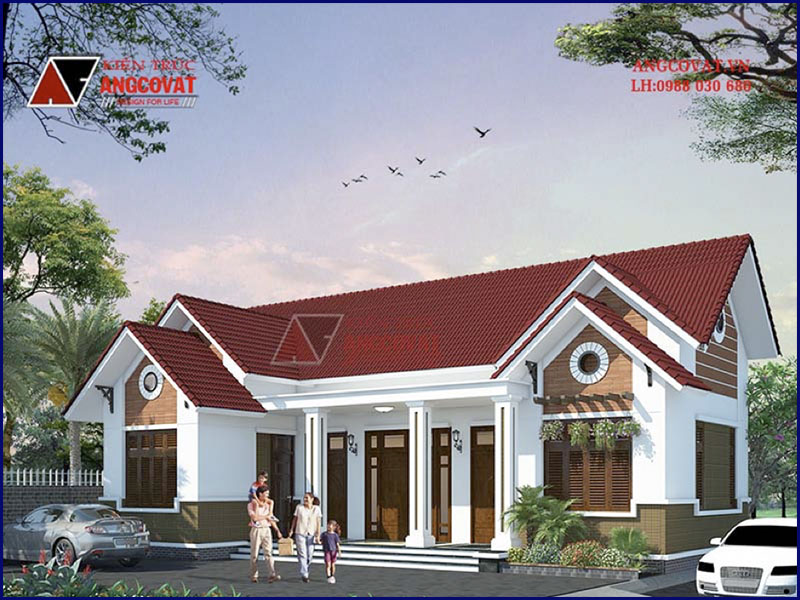 Thiết kế phối cảnh view 1: Mẫu nhà nông thôn 1 tầng diện tích 120m2 có 2 phòng ngủ
