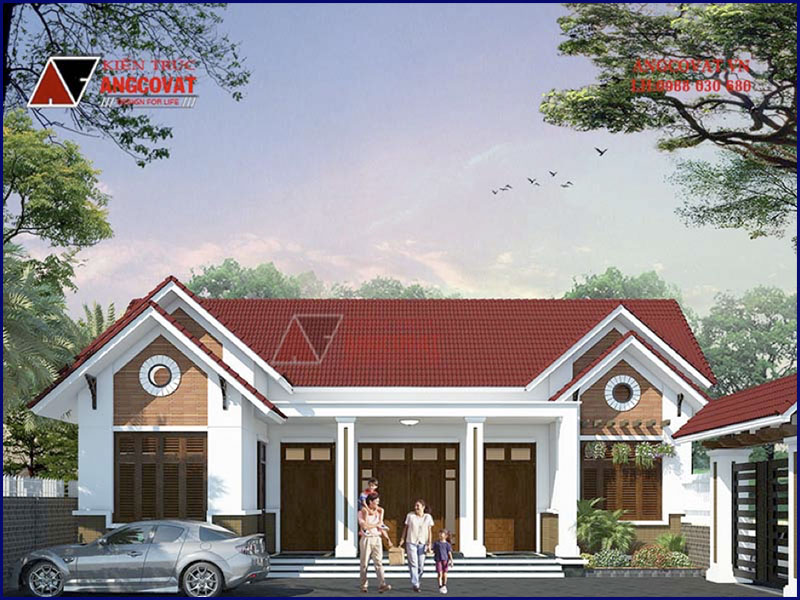 Thiết kế phối cảnh view 2: Mẫu nhà nông thôn 1 tầng diện tích 120m2 có 2 phòng ngủ