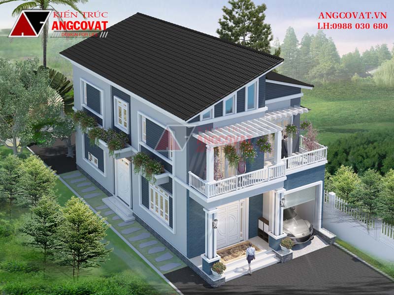 bản vẽ thiết kế nhà 2 tầng 8x15m mái lệch 