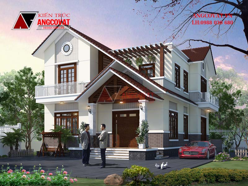 Mẫu nhà 2 tầng 3 phòng ngủ thiết kế hiện đại, tone màu trắng - nâu sang trọng và bề thế