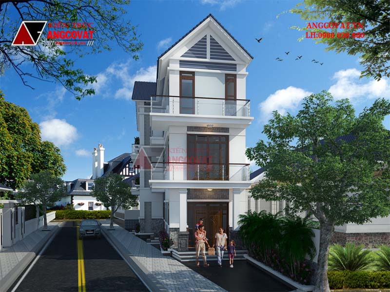 Phối cảnh view 1: Thiết kế nhà biệt thự 3 tầng mặt phố thoáng rộng theo kiến trúc đăng đối nhẹ nhàng