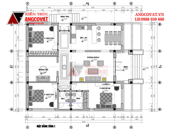 Các mẫu nhà 150m2 1 tầng 3 phòng ngủ mái thái đẹp - Mặt bằng tầng 1