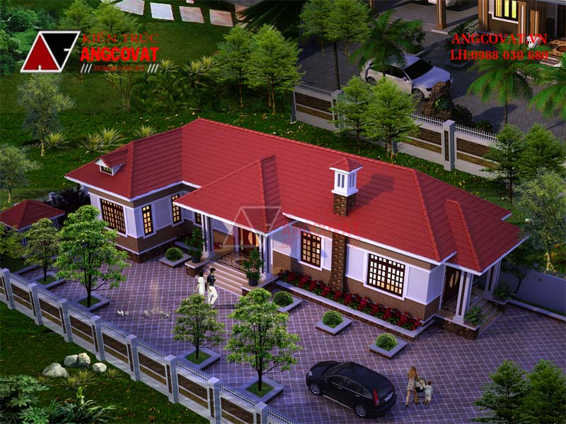Các mẫu nhà mái ngói 1 tầng hinh chữ l 4 phòng ngủ