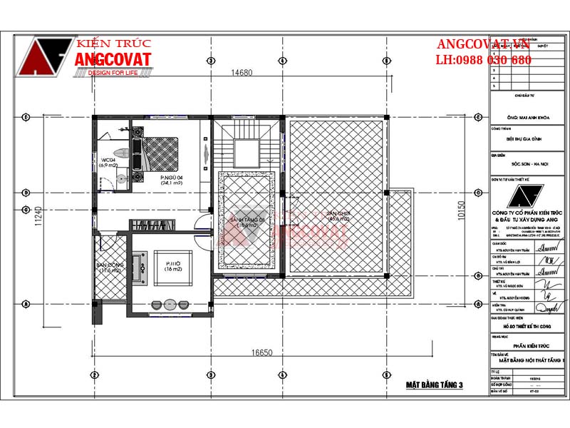 Mặt bằng nội thất tầng 3 mẫu nhà ống 10x15m 3 tầng lịch lãm