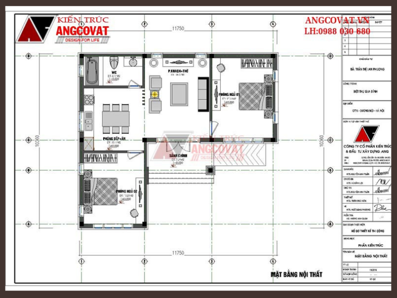 Mặt bằng nội thất tầng 1 nhà chữ L cấp 4 90m2 