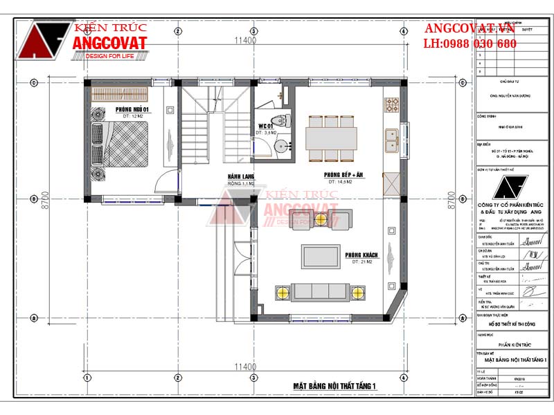  Giới thiệu mặt bằng sử dụng tầng 1: Phòng khách 21m2, Phòng bếp ăn: 14.5m2, WC1: 3.5m2, Hành lang rộng 1.1m2, Phòng ngủ 1: 12m2.