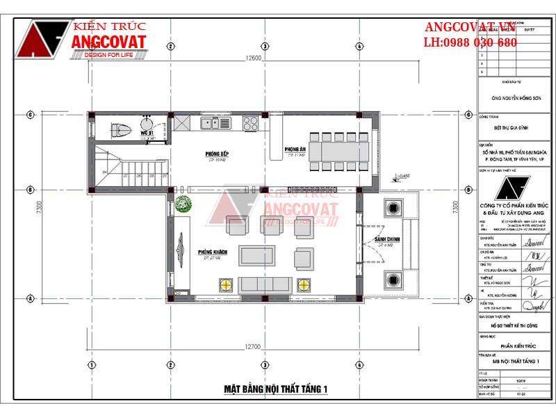 Thiết kế mặt bằng tầng 1: Sảnh chính 6m2, phòng khách 29m2, Phòng ăn 11m2, Phòng bếp 10m2, WC 3m2