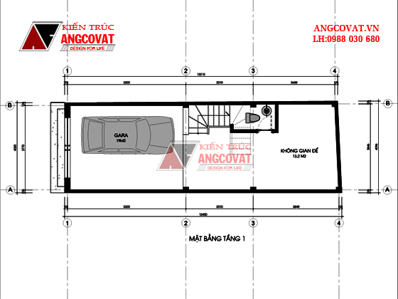 Công năng sử dụng của tầng 1: gara ô tô - Diện tích tầng 1: 50m2
