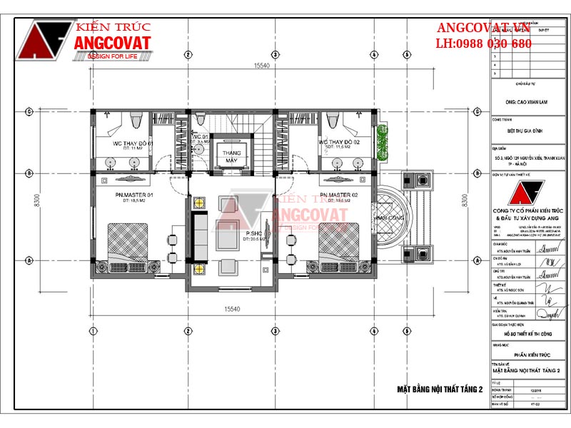 Thiết kế công năng tầng 2 hợp lý: 1Phòng ngủ master 1: 18,5m2; WC thay đồ 1: 11m2; WC 2: 3,5m2; Phòng ngủ master 2: 19,5m2; WC thay đồ 2: 11,5m2.
