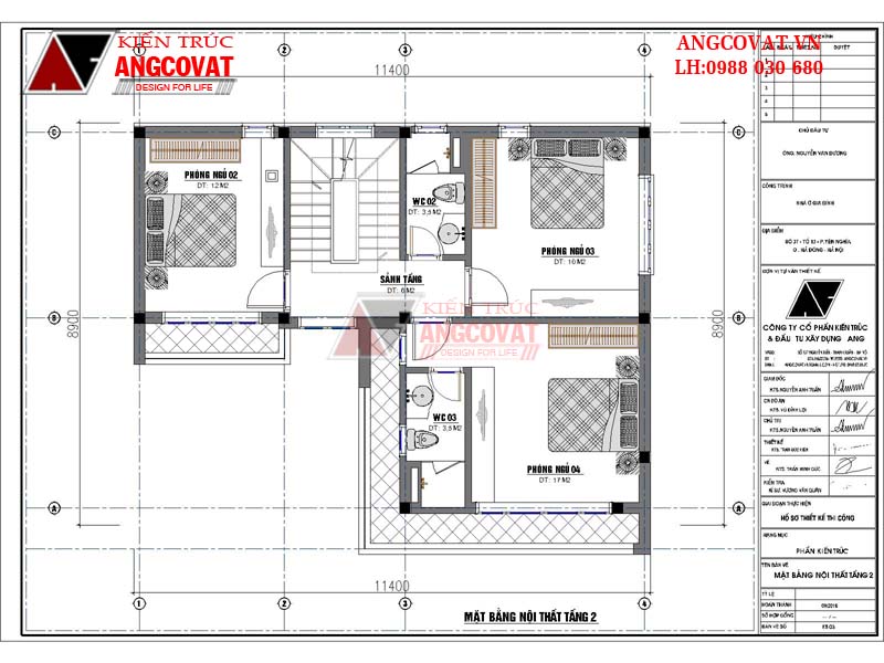 Mặt bằng sử dụng tầng 2: Sảnh tầng 6m2, Phòng ngủ 2: 12m2, Phòng ngủ 3: 10m2, WC2: 3.5m2, Phòng ngủ 4: 17m2, WC3: 3.5m2