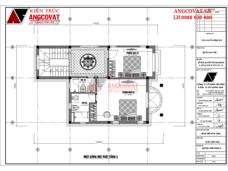 Công năng sử dụng tầng 2 mẫu biệt thự 3 tầng mặt phố: Sảnh tầng 2: 9m2, Phòng ngủ 1: 11.55m2, Phòng ngủ 2: 18m2, WC2: 3m2, WC3: 4.5m2