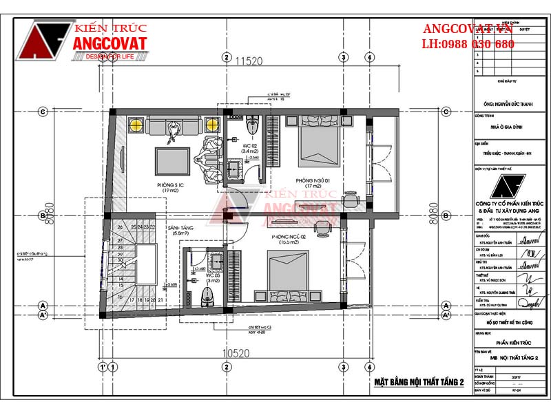 Phương án bố trí mặt bằng công năng sử dụng nhà 3 tầng có gác lửng diện tích 70m2 tầng 2 gồm: phòng ngủ 1(17m2), phòng ngủ 2 (15,5m2), WC 2 (3,4m2), WC 3( 3m2), phòng Sinh hoạt chung (19m2), sảnh tầng (5,5m2)