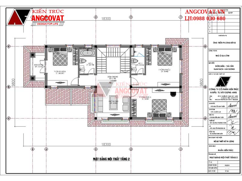 Mặt bằng công năng tầng 2 thiết kế nhà mái thái 2 tầng 4 phòng ngủ