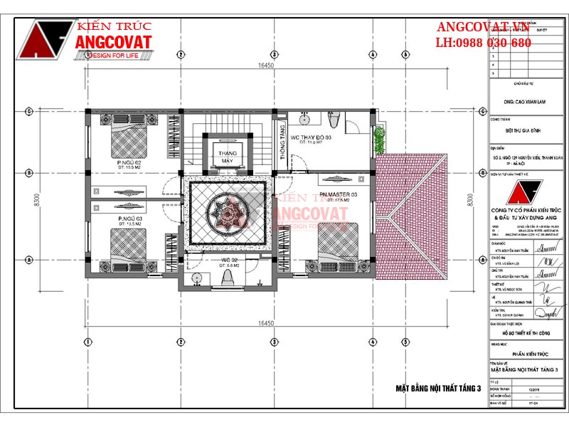 Tổng thể mặt bằng công năng tầng 3: phòng ngủ 02:15,5m2; Phòng ngủ 02:13,5m2; sảnh tầng 14m2, WC 2:5,8m2; Phòng ngủ master 3: 17,5m2; WC thay đồ 3: 11,5m2