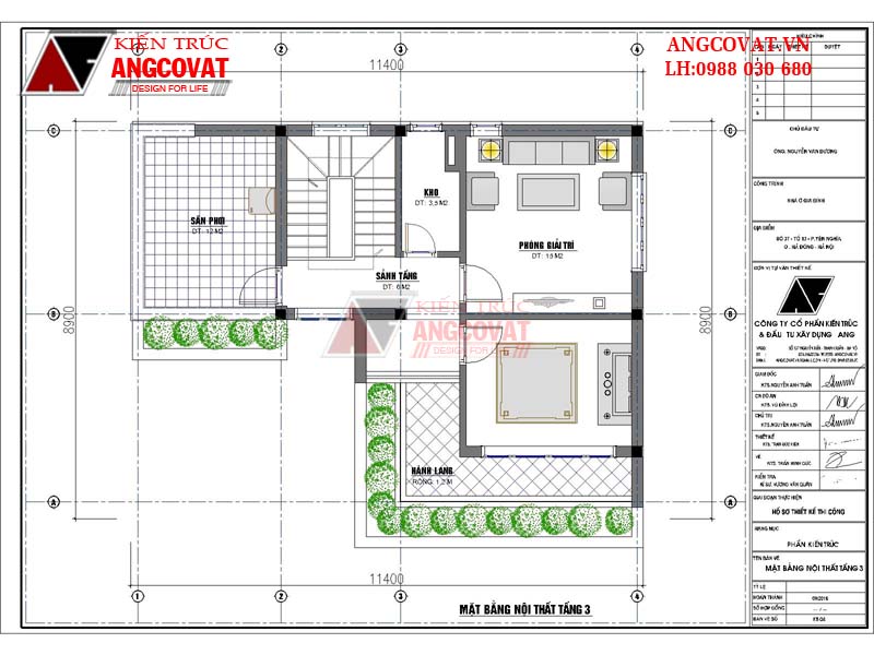 Tầng 3 với công năng sử dụng bao gồm: Sảnh tầng: 6m2, Kho 3.5m2, Phòng giải trí: 15m2, Hành lang: 1.2m, Sân phơi: 12m2v