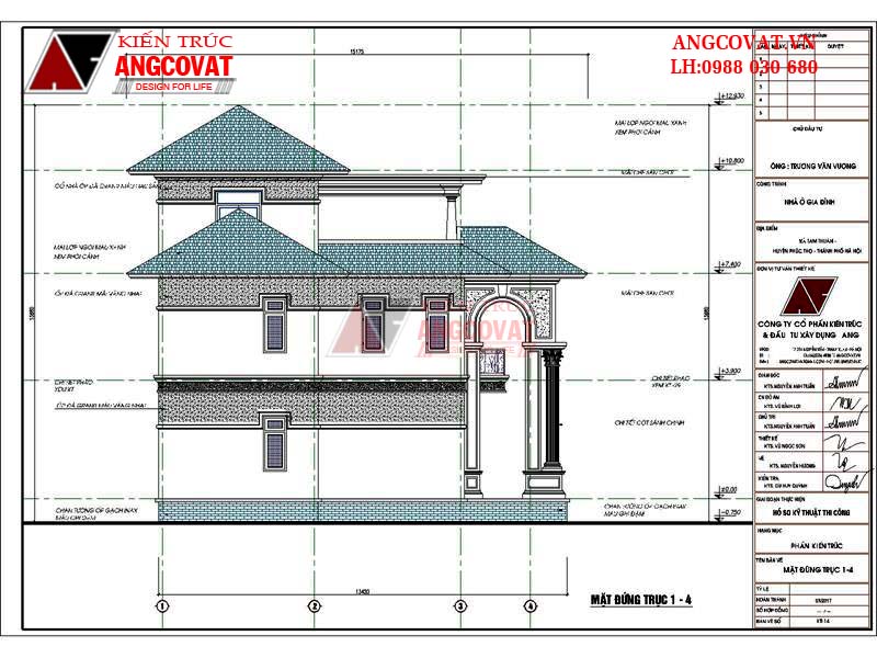 Bản vẽ mặt đứng 1-4 bản thiết kế biệt thự 150m2 tân cổ điển