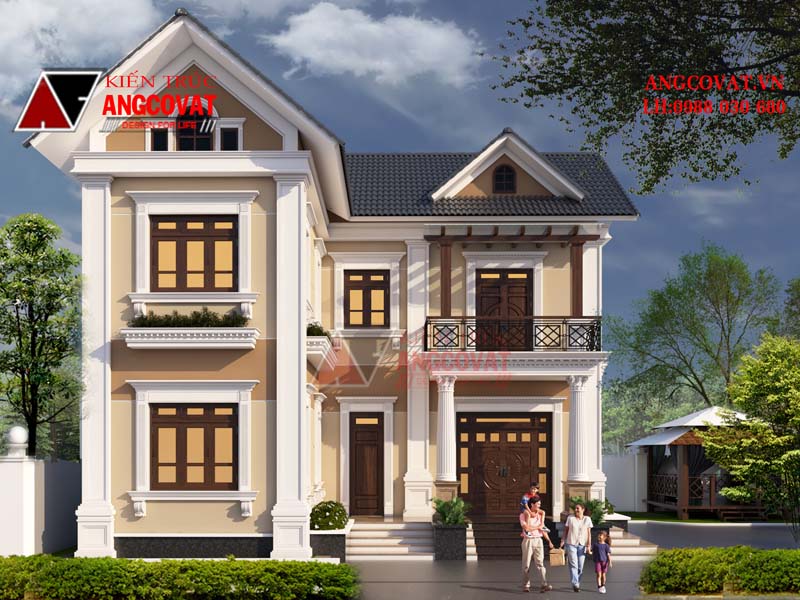Ngắm mặt tiền hài hòa của bản vẽ thiết kế nhà 2 tầng 1 tum mái ngói