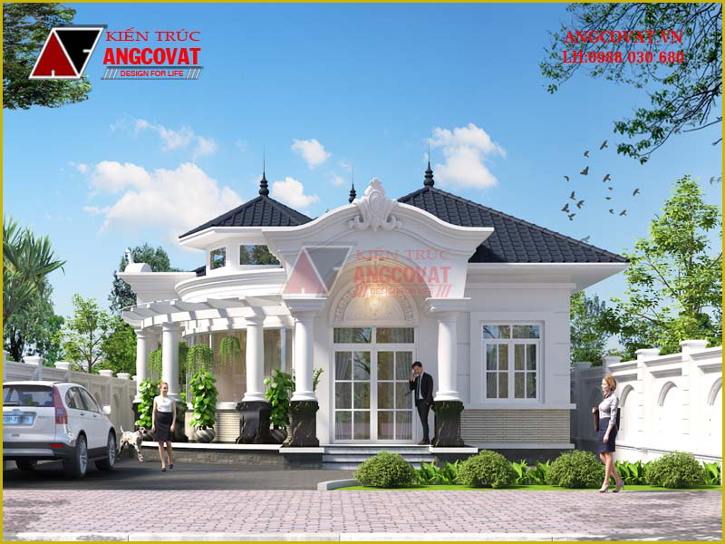 bản vẽ thiết kế mặt tiền nhà biệt thự 1 tầng 2 phòng ngủ 150m2 