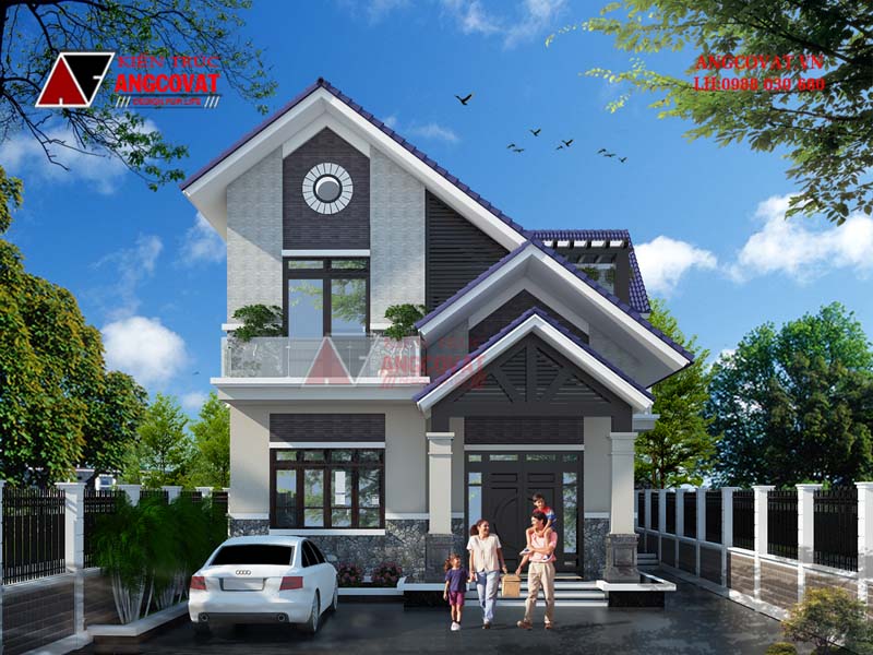  Mặt tiền không rộng nhưng ấn tượng của mẫu biệt thự đẹp 2 tầng 10x15 mái ngói