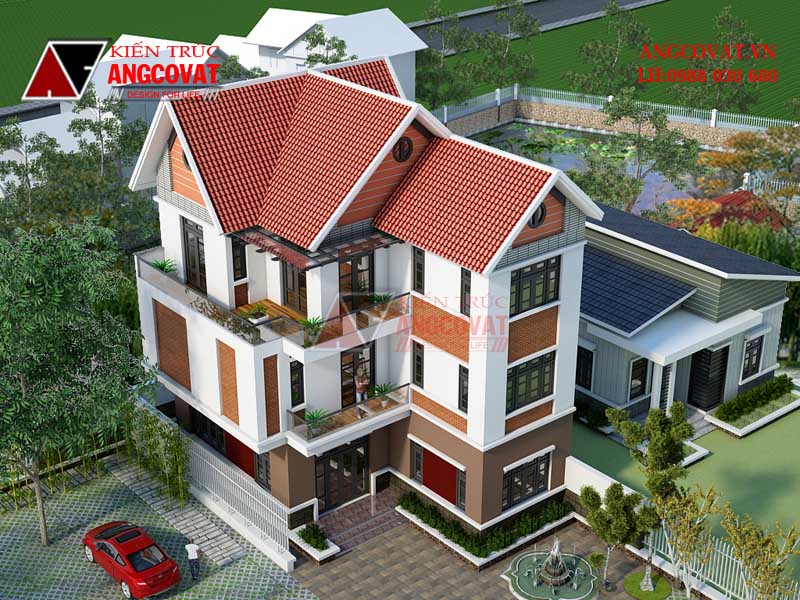 Mái ngói đỏ mang lại vẻ đẹp tự nhiên cho mẫu biệt thự 9x13 