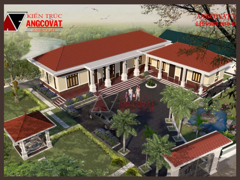 Mẫu bản vẽ nhà cấp 4 chữ L 180m2 mái ngói đỏ ở nông thôn đẹp