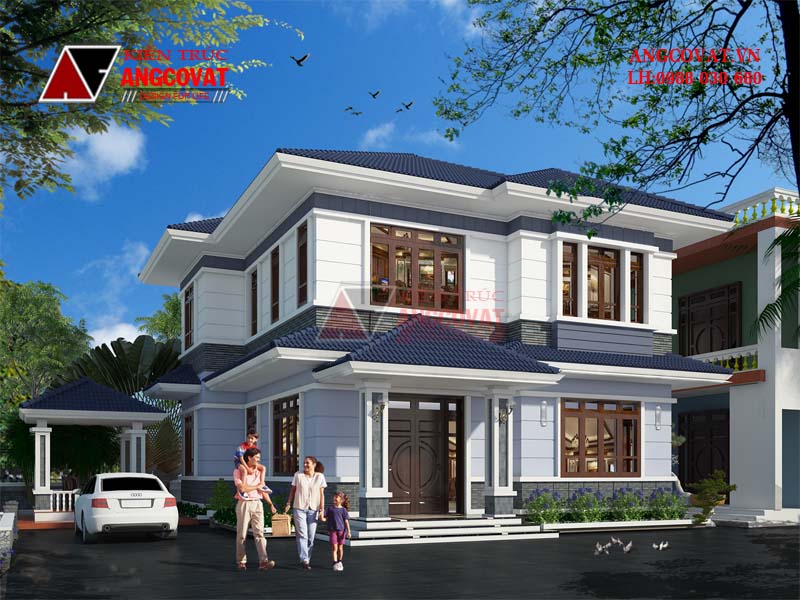 Thiết kế mẫu nhà 2 tầng đơn giản 4 phòng ngủ mặt tiền 10m hiện đại