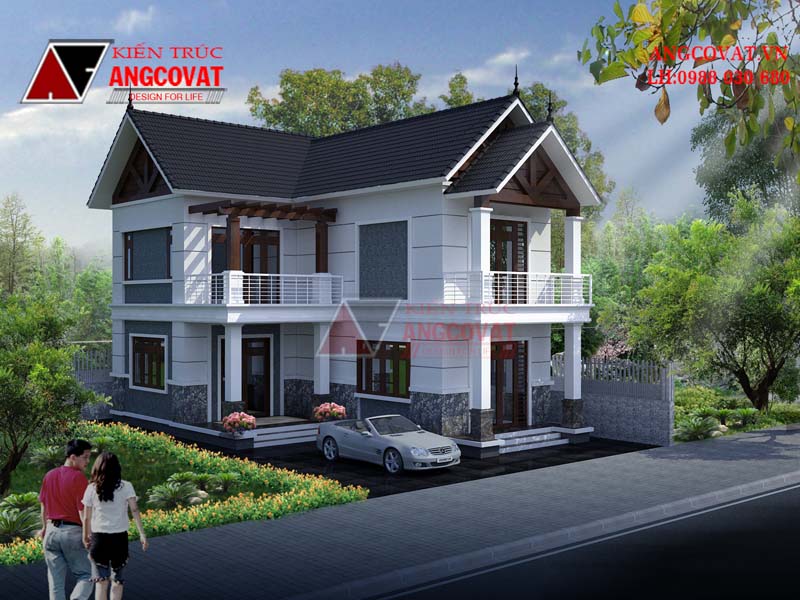 Thiết kế mẫu nhà 2 tầng đơn giản hình chữ L diện tích 100m2 