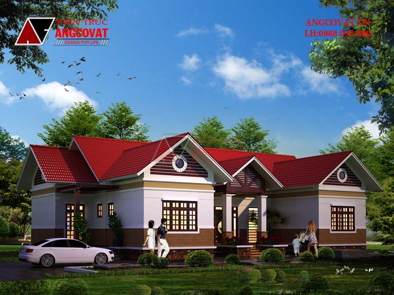 Phối cảnh 3: Mẫu thiết kế nhà biệt thự trệt 200m2 chữ U mái thái 