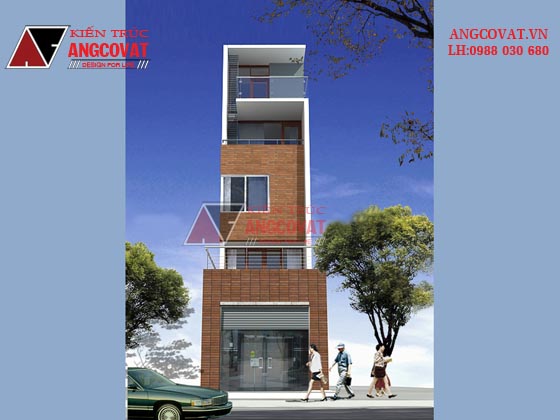 Hình ảnh mẫu nhà ống 3 tầng 1 tum nhà ở kết hợp kinh doanh sử dụng ốp tường giả gỗ sang trọng