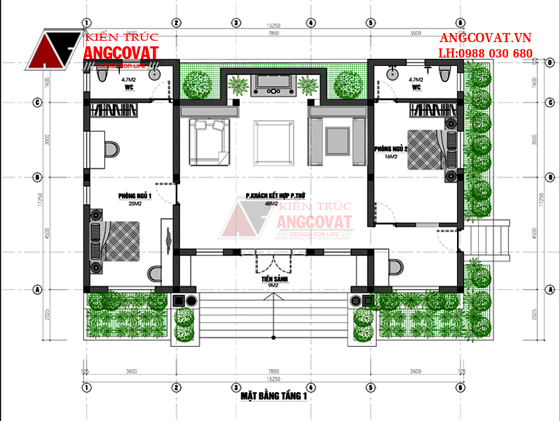 Mẫu thiết kế nhà 1 tầng diện tích 150m2 3 phòng ngủ - Mặt bằng tầng 1
