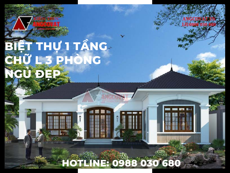 Thiết kế nhà biệt thự 1 tầng chữ L 2 phòng ngủ 
