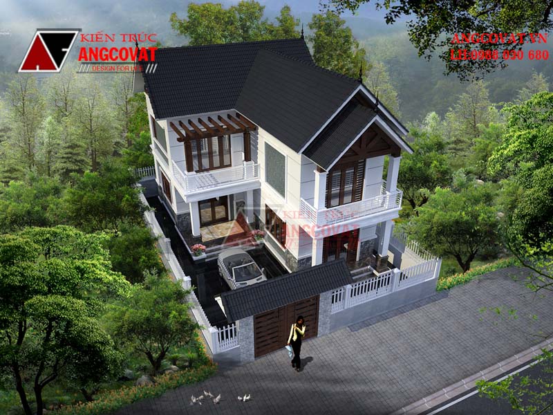 Phối cảnh view 4: Mẫu thiết kế nhà chữ L diện tích 100m2 2 tầng đơn giản 3 phòng ngủ mái thái hiện đại