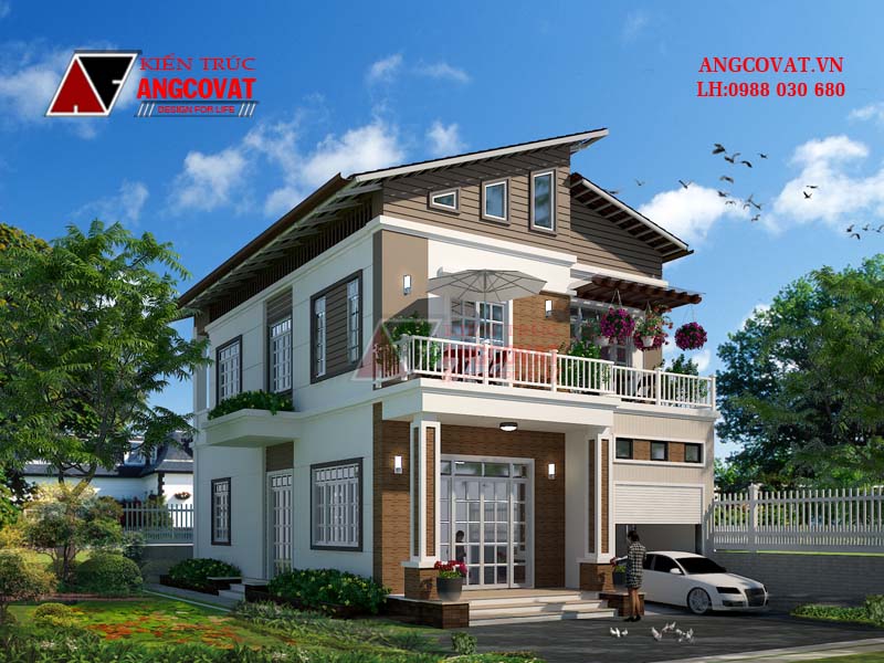 Mẫu thiết kế nhà biệt thự mái lệch 2 tầng 3 phòng ngủ hiện đại đẹp