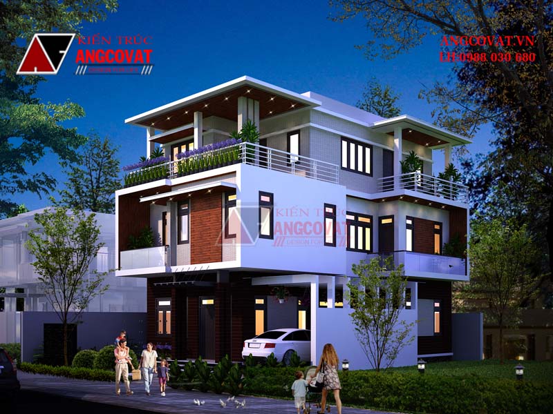 Phối cảnh ngoại thất cuốn hút từ mẫu nhà 3 tầng mặt tiền 8m phong cách hiện đại