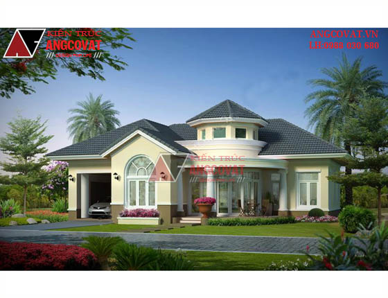 Mẫu thiết kế nhà biệt thự 1 tầng phong cách châu Âu có gara ô tô