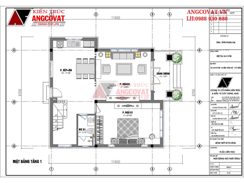 Chi tiết tầng 1 bản vẽ nhà 2 tầng 3 phòng ngủ diện tích 100m2 gồm: Sảnh chính: 7m2; Phòng khách 20m2; Phòng bếp ăn: 19m2; Phòng ngủ 1: 20m2; WC1: 4m2