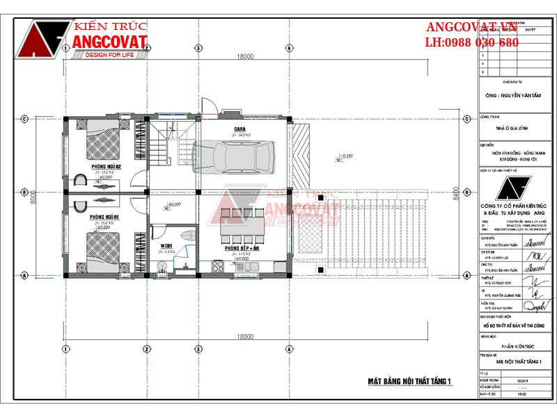 Công năng sử dụng nhà 1 tầng bao gồm: Gara ô tô: 14.3m2, Phòng bếp ăn 17m2, WC1: 5.3m2, Phòng ngủ 1: 15m2, Phòng ngủ 2: 13.5m2
